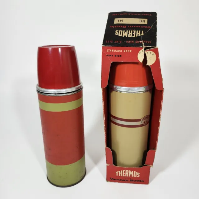 2 Vintage Thermos Vacuum Bottles Polly Red Top One Pint No 23 Box 2234 Aladdin