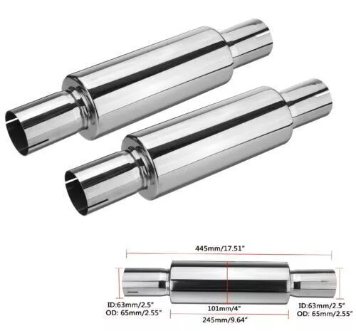 2X 63mm 2.5" Universel Silencieux D'échappement En Acier Inoxydable Ø101mm 445mm