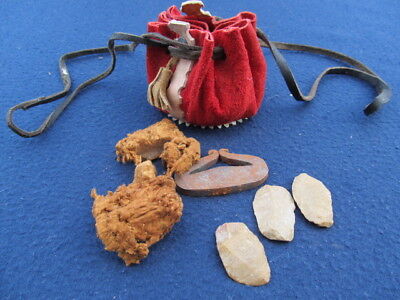 Old Primitive Flint And Steel Antique Fire Making Kit Portatable Leather Pouch
