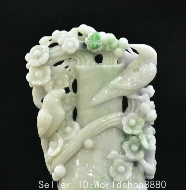 10.4" Old Chinese natural emerald jade carving flower bird Bottle Vase statue 2