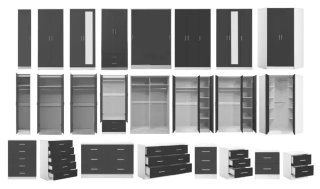 REFLECT High Gloss Grey and Matt White Bedroom Furniture Wardrobe Chest Bedside