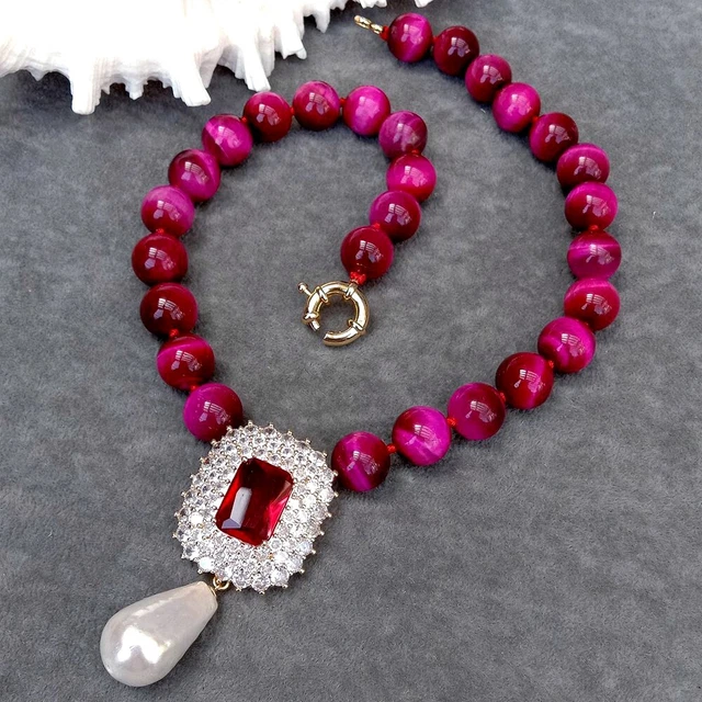 14mm Fuchsia Tiger Eye Necklace 16x26mm Cz Pave White Shell Pearl Pendant