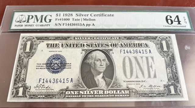1928 $1 PMG 64 EPQ Fr#1600 Silver Certificate Choice Uncirculated Funny Back