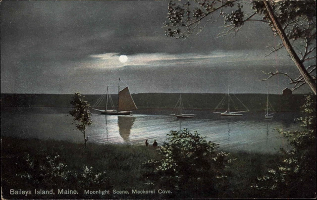 Baileys Island Maine ME Sailboat at Night Moonlight c1910 Vintage Postcard