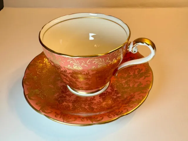 AYNSLEY Burnt Orange CUP & SAUCER-FINE BONE CHINA w/gold lace pattern, EXCELLENT