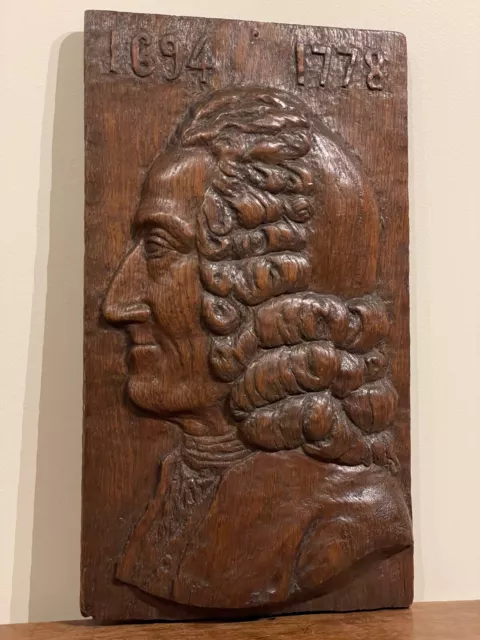 Stunning French 19th C. oak Carved panel of Voltaire