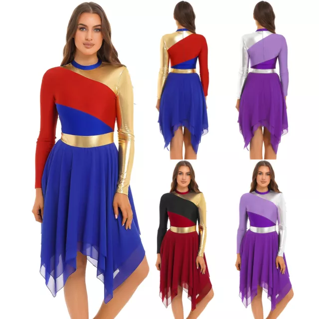 US Womens Color Block Metallic Long Sleeve Liturgical Praise Dance Lyrical Dress 3