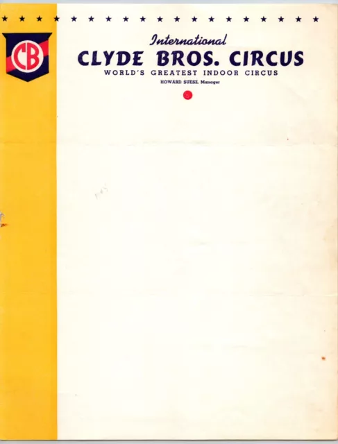 Clyde Bros. Circus Letterhead 1943 "World's Greatest Indoor" Scarce