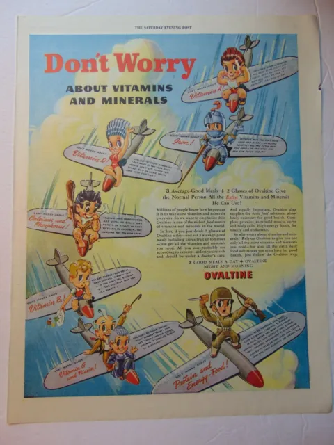 1944 OVALTINE Kids Flying Planes vintage art print ad