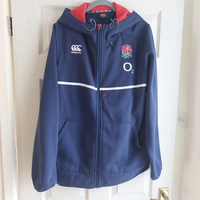 Felpa con cappuccio da rugby Canterbury O2 England da uomo grande blu navy cerniera intera. Usato