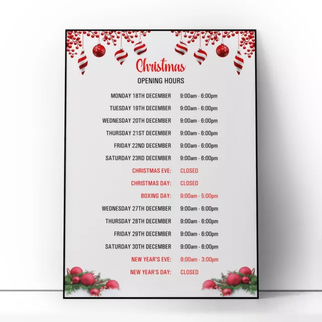 Christmas XMAS Opening Closing Times New Year Business Hours Window Wall Print