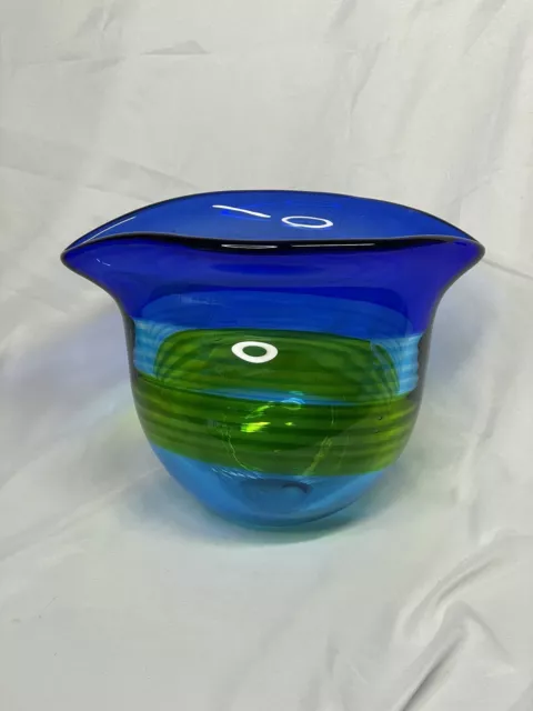 Hand Blown Green Cobalt Blue Art Glass Bowl Very Heavy Mid Century Modern VTG