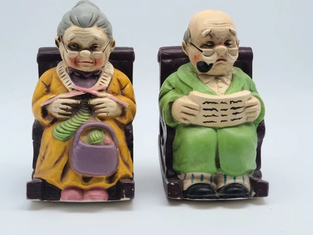 VTG Ceramic Figurine "Elderly Couples at Home" Music Boxes Japan *AS-PICTURED*