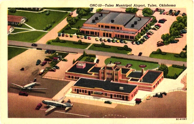 Tulsa Municipal Airport Birds Eye Skyview Linen Postcard Unposted