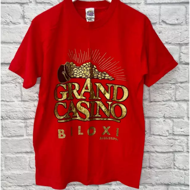 Vintage Grand Casino Biloxi, MS T-Shirt Red Size M Golden Coin Graphic 90s Shiny