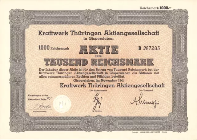 Kraftwerk Thüringen AG - Aktie über 1000 RM - Gispersleben, im November 1941