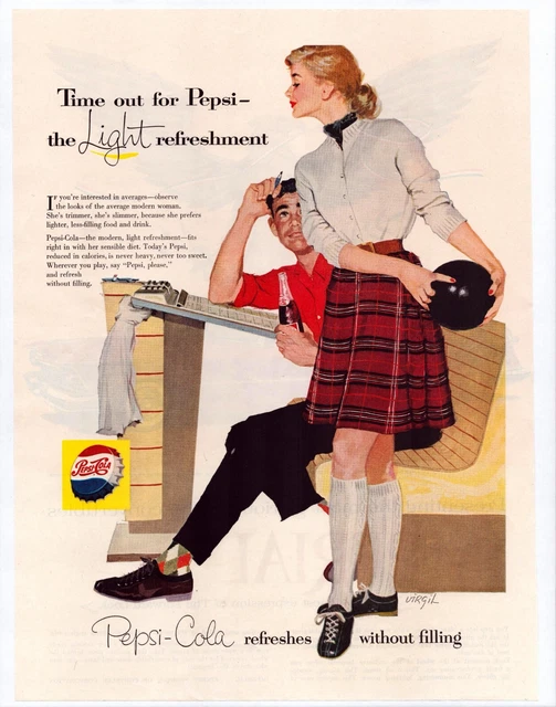 Print Ad Pepsi 1957 Bowling Plaid Skirt Andy Virgil GGA Pin Up Art 13.5"x10.5"