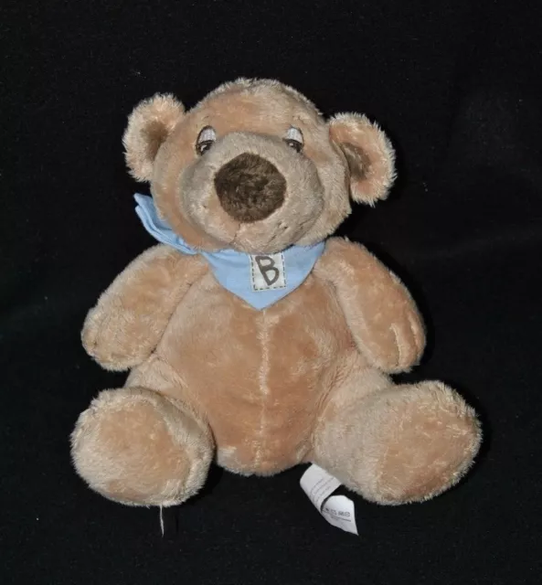 Peluche doudou ours TCM Tchibo brun marron foulard bleu "B" 16 cm assis TTBE