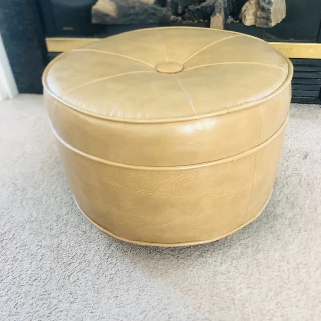 vtg mcm faux leather foot stool rd w / wheels camel color
