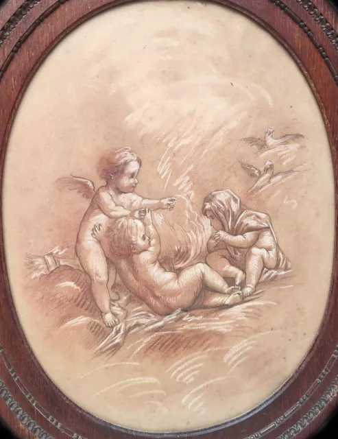 Dipinto Amorini-Sanguigna  Xix Sec.-Con Cornice Quercia (Totale Cm.68X56)