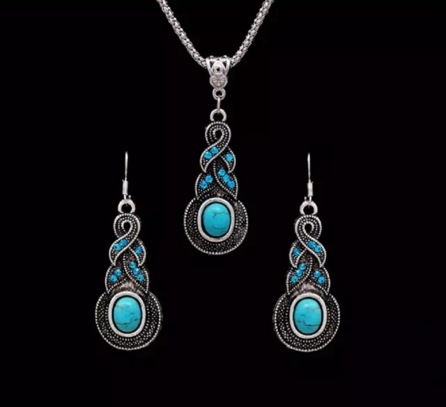 Tibetan Pendant  Silver Blue Turquoise Crystal Necklace & Dangle Drop Earrings