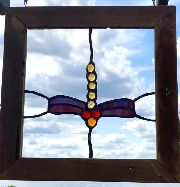 Dragon Fly Framed Stained Glass Window Purple Wings
