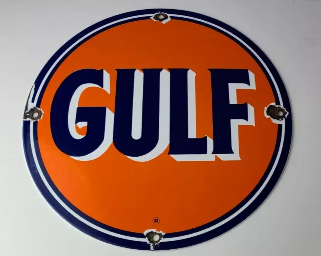 Vintage Gulf Gasoline Sign - Porcelain Enamel Gas Filling Pump Station Sign