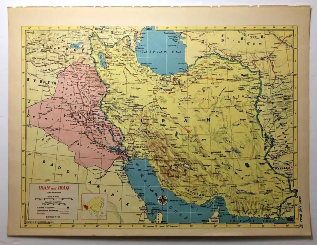 1950's Vintage IRAN & IRAQ Antique Atlas Map - Hammond's New World Atlas