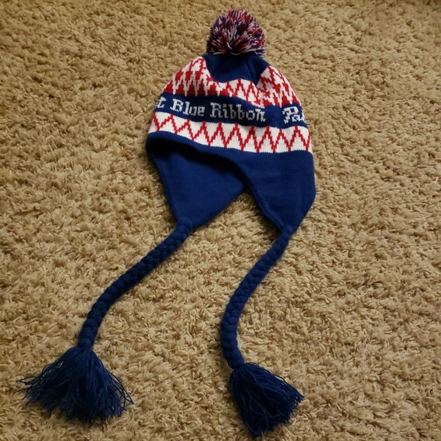 Pabst Blue Ribbon Beer Winter Knit Stocking Cap Ear Flaps Hat, Blue, OSFM