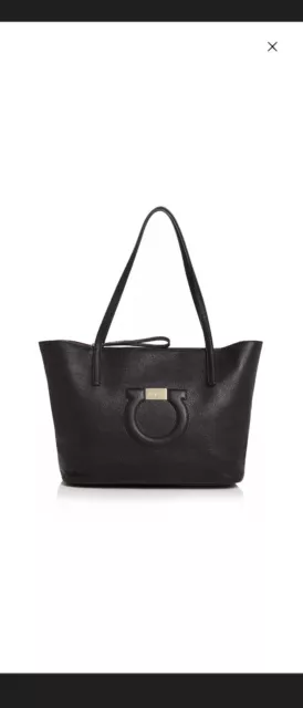 Authentic New Salvatore Ferragamo Gancio City Black Leather Tote Bag