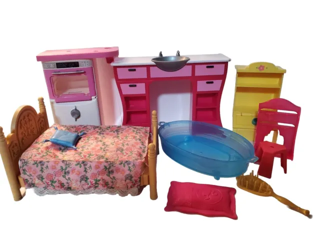 9 Piece Barbie Furniture Lot Vintage Modern Mix Oven Bed Sink Stool Shelf