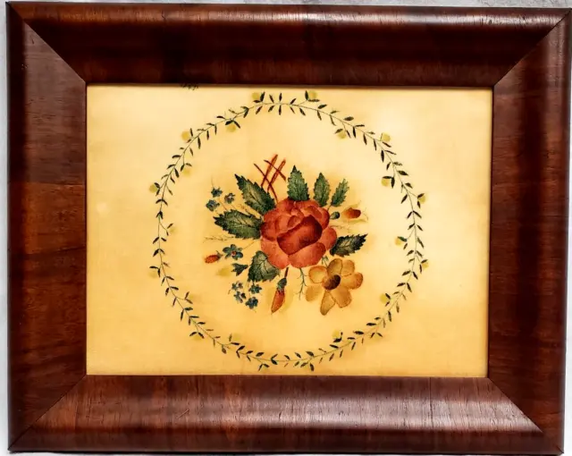 18th/19th Century Original Flower Wreath Theorem Painting Veneered Wood Frame
