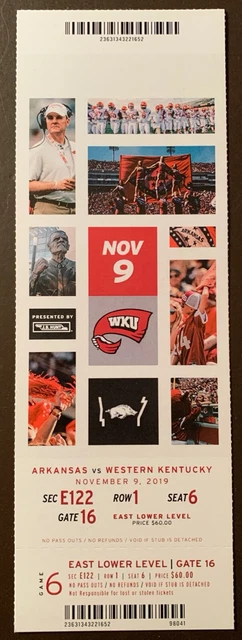 Arkansas Razorbacks 11/9/2019 NCAA football ticket stub vs Western Kentucky
