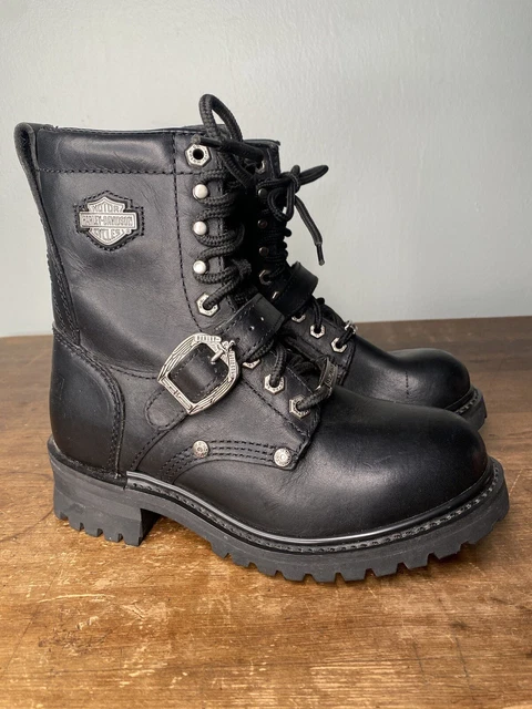Womens Size 7.5 Black Leather Harley Davidson Biker Boots Stock Number 81003