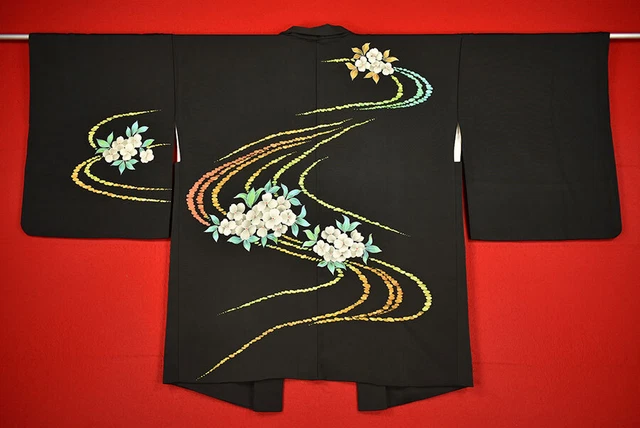Vintage Japanese Kimono Silk Antique BORO Black HAORI Kusakizome Dyed/B613/595