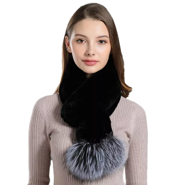 Women Fur Scarf Real Rex Rabbit Fur Warm Neckerchief With Silver Fox Pompom