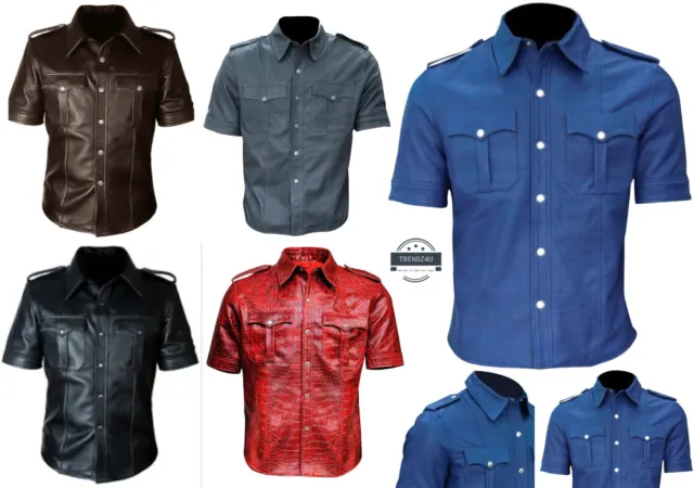 Mens Genuine Leather Hot Sexy Military Police Uniform Bluff Shirt