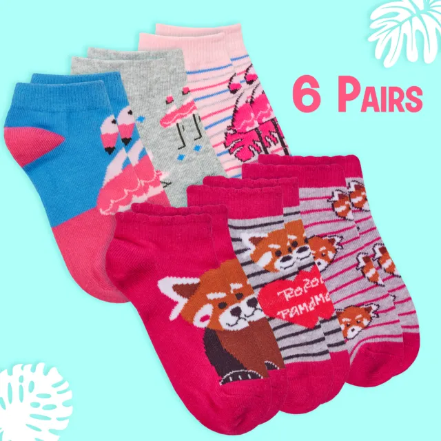 6 Pairs Girls Ankle Socks Low Cut Trainer Liner Socks Flamingo Red Panda Bundle
