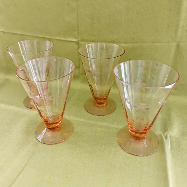 Vintage Pink Depression Glass Set of 4 Etched Parfait Glasses