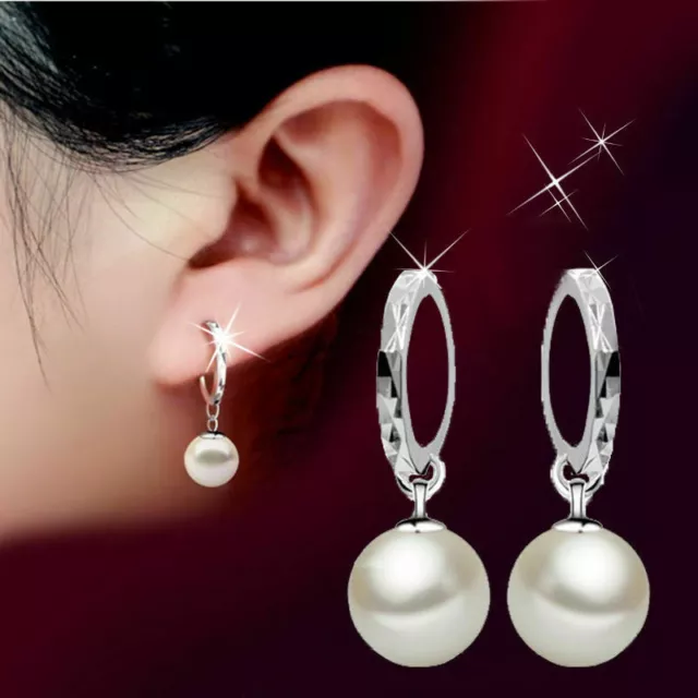 925 Sterling Silver Plated Hoop Charm Pearl Drop Dangle Earrings