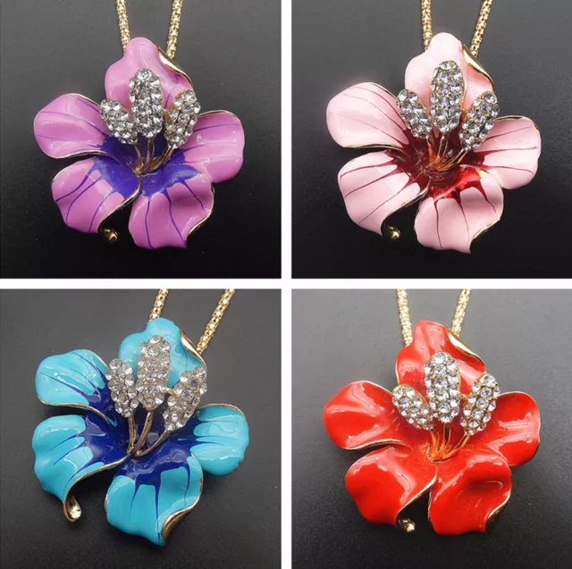 Betsey Johnson Enamel Crystal Bauhinia Flower Pendant Sweater Necklace/Brooch