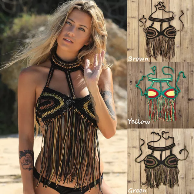 Handmade Crochet Beach Bikini Top Ecstatic Dance Top Women Tassels Top Swimwear