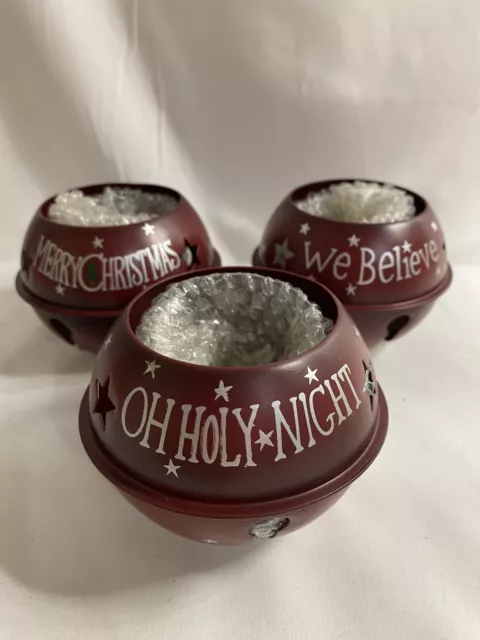 Christmas Jingle Bells votive Candle holders with sayings We Believe Lot of 3