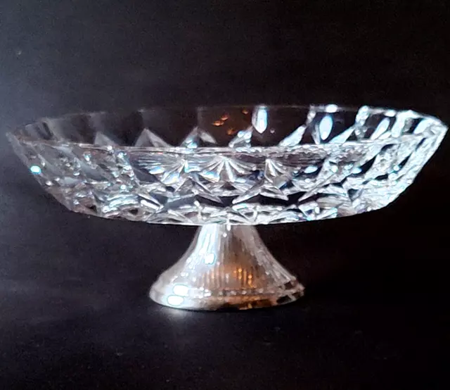 VAL ST LAMBERT IMPERIAL, Cut Lead Crystal,  Silverplate Footed Compote, Genuine