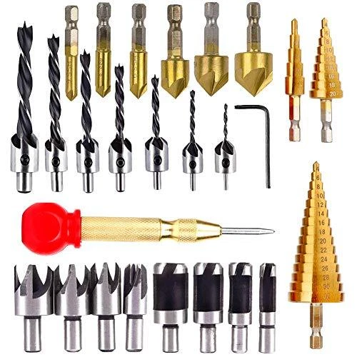 26pcs Woodworking Chamfer Drilling Tools Includes 6 Countersink Drill Bits, 7