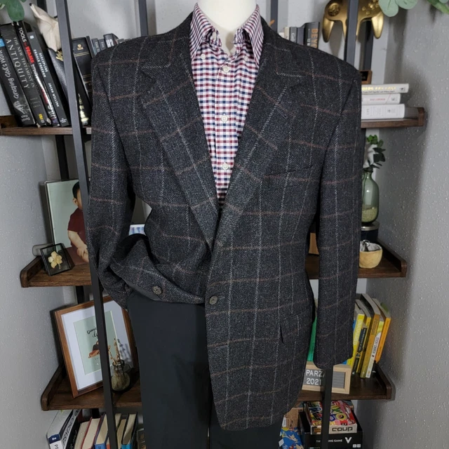 VTG Joseph Abbound Men's Tweed Sport Coat Two Button Charcoal Black Plaid 44L