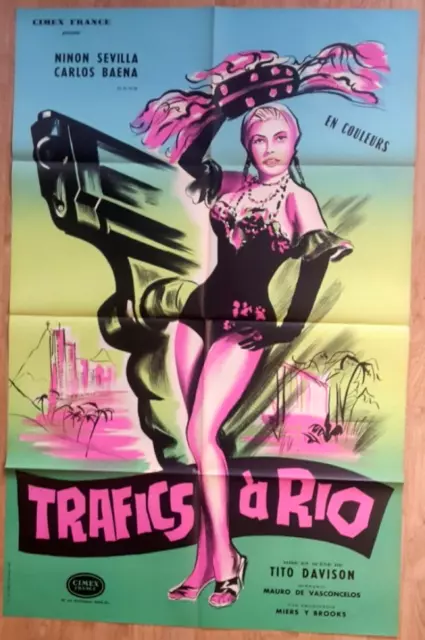 Ancienne  affiche cinéma, film " Trafics a Rio"  1958, originale, pin-up, 120X78