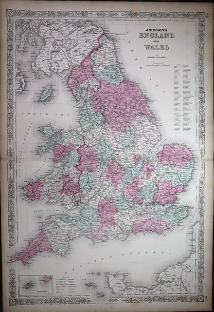 1863 Johnson's Atlas Map ~ ENGLAND - WALES~ (XL18x28)    #829