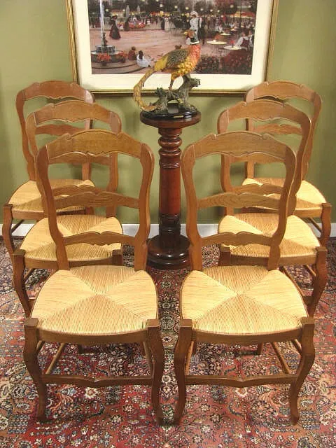 SET OF 6 FRENCH LADDERBACK OAK AND WOVEN RUSH SEAT DINING CHAIRS ~ Late 20thC.