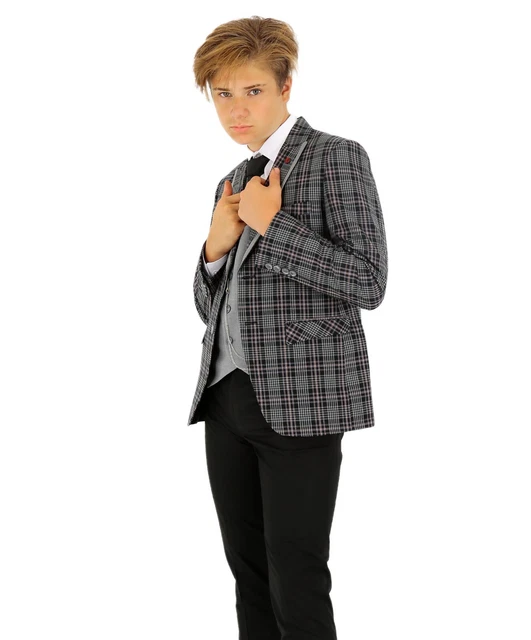 Boys Plaid Check Suit Black Grey Slim Fit Page Boy Wedding Formal 3 Piece Set